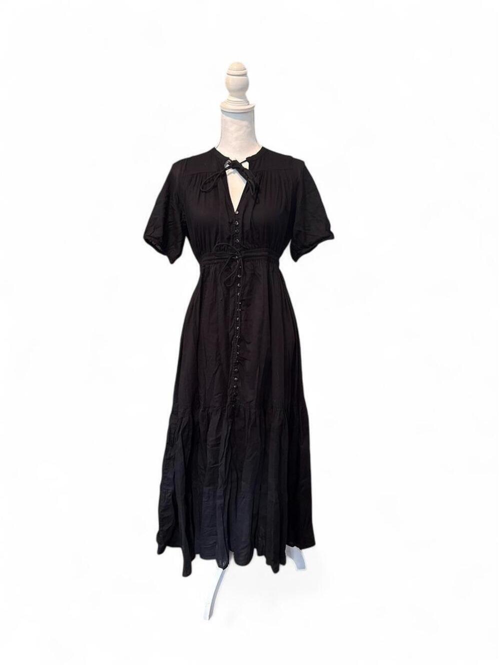 ELAN Black Maxi Dress Tie Neck Button Front Boho Cottagecore M